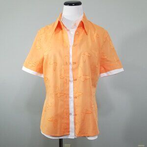 Vintage Escada Butterfly Embroidered Layered Blouse Orange White Cotton Size 38